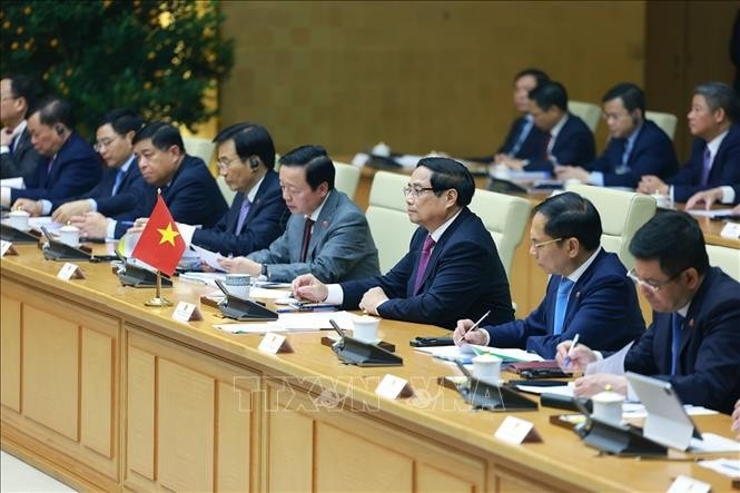 Thủ tướng Phạm Minh Chính và đoàn Việt Nam tại buổi hội đàm với Thủ tướng Liên bang Nga Mikhail Vladimirovich Mishustin. Ảnh: Dương Giang/TTXVN