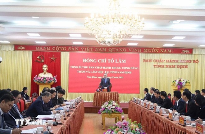 Tổng Bí thư Tô Lâm làm việc với Ban chấp hành Đảng bộ tỉnh Nam Định. Ảnh: Thống Nhất/TTXVN