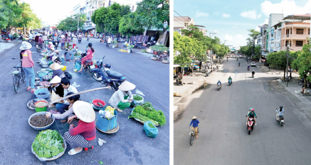 Tuyến đường Điện Biên Phủ (phường Vĩnh Quang) trước và sau khi lực lượng chức năng TP. Rạch Giá lập lại trật tự đô thị