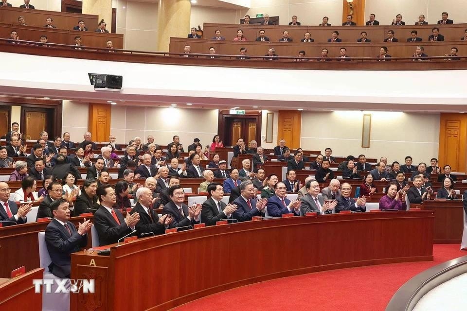 Tổng Bí thư Tô Lâm và các đồng chí lãnh đạo, nguyên lãnh đạo Đảng, Nhà nước tại buổi gặp mặt. Ảnh: Thống Nhất/TTXVN