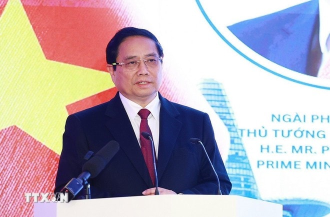 Thủ tướng Phạm Minh Chính phát biểu tại Diễn đàn doanh nghiệp Việt Nam-Séc. Ảnh: Dương Giang/TTXVN