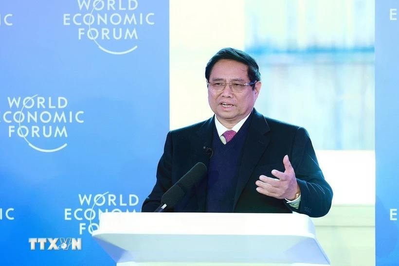 Thủ tướng Phạm Minh Chính chủ trì Phiên đối thoại chiến lược quốc gia Việt Nam WEF. Ảnh: Dương Giang/TTXVN