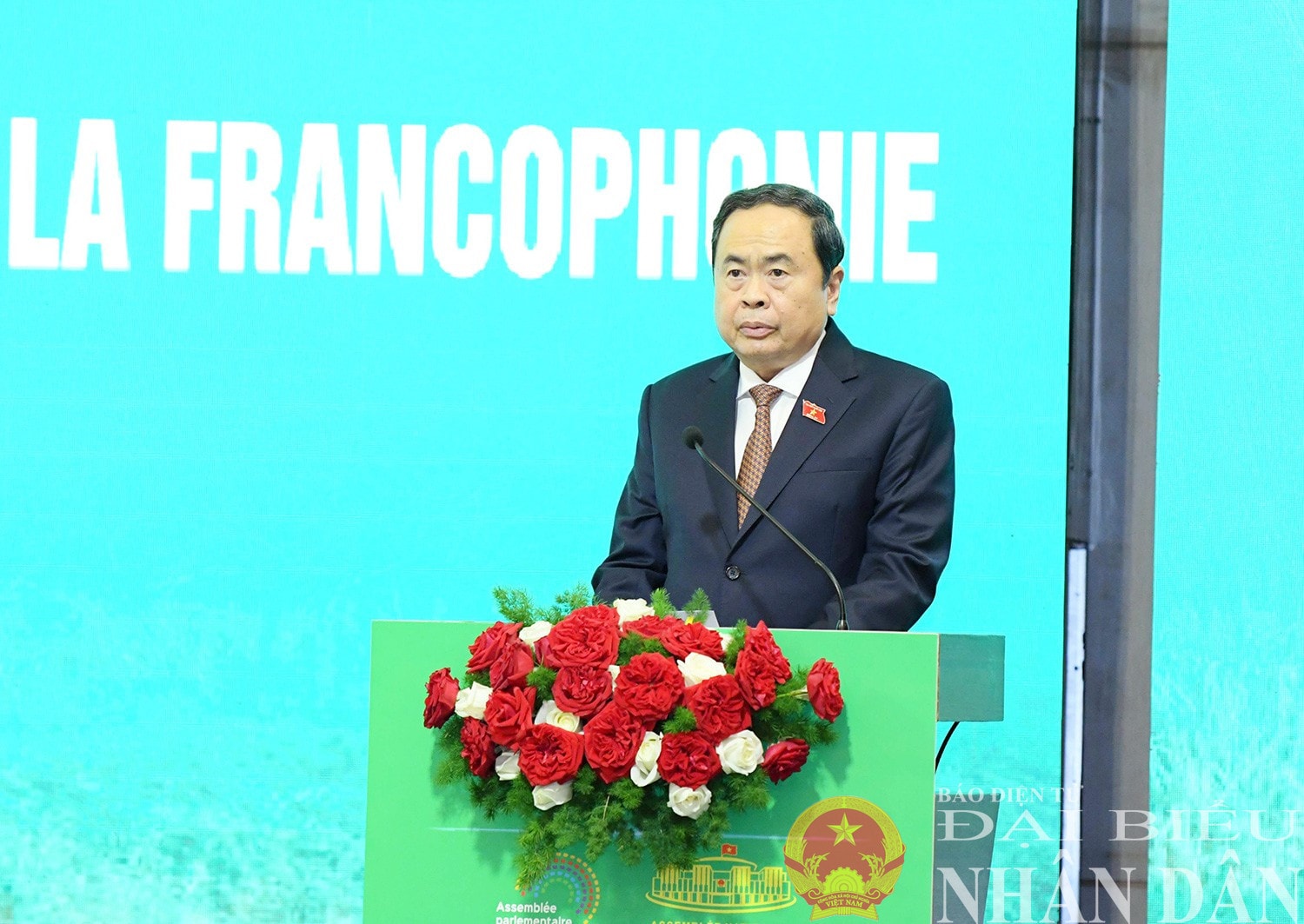 Chủ tịch Quốc hội Trần Thanh Mẫn phát biểu tại Hội nghị Ban Chấp hành Liên minh Nghị viện Pháp ngữ. Ảnh: Lâm Hiển