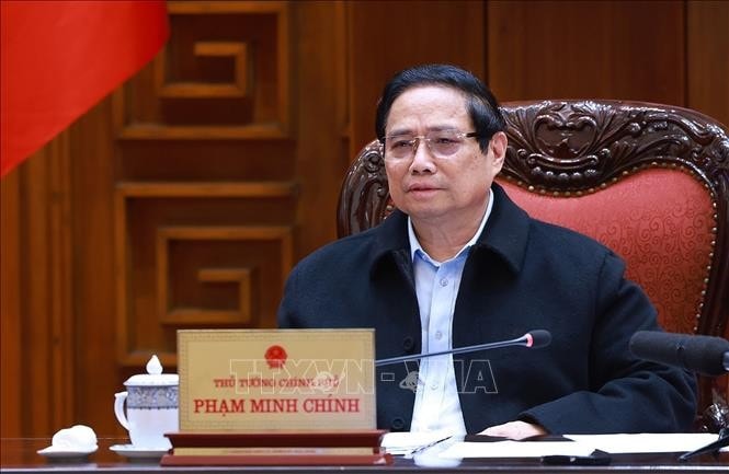 Thủ tướng Phạm Minh Chính chủ trì cuộc họp đẩy nhanh tiến độ dự án Cảng hàng không quốc tế Long Thành. Ảnh: Dương Giang/TTXVN
