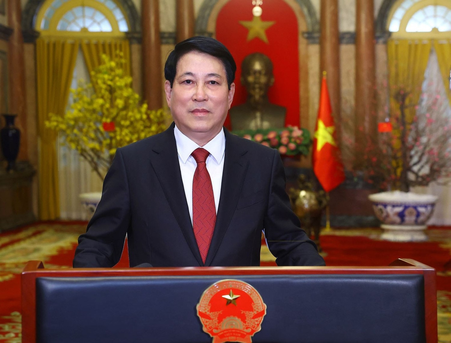 Chủ tịch nước Lương Cường đọc thông điệp chúc Tết Ất Tỵ 2025. Ảnh: Lâm Khánh/TTXVN