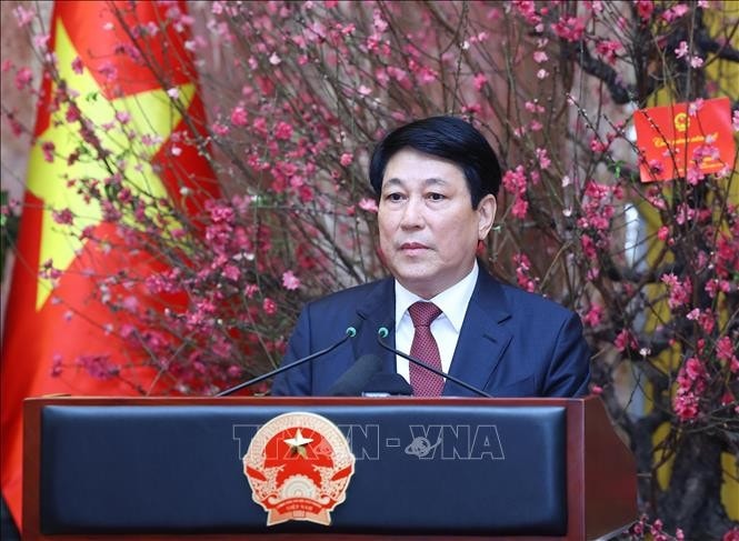 Chủ tịch nước Lương Cường chúc mừng năm mới Ất Tỵ và giao nhiệm vụ cho cán bộ, nhân viên Văn phòng Chủ tịch nước. Ảnh: Lâm Khánh/TTXVN