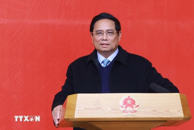 Thủ tướng Phạm Minh Chính phát biểu tại buổi gặp các lãnh đạo, nguyên lãnh đạo Đảng, Nhà nước. Ảnh: Dương Giang/TTXVN