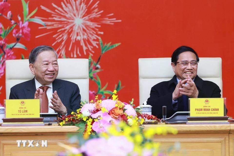 Tổng Bí thư Tô Lâm và Thủ tướng Phạm Minh Chính tại buổi gặp các lãnh đạo, nguyên lãnh đạo Đảng, Nhà nước. Ảnh: Dương Giang/TTXVN