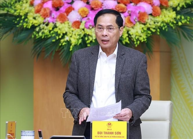 Phó Thủ tướng, Bộ trưởng Ngoại giao Bùi Thanh Sơn, Phó Trưởng ban Thường trực Ban Chỉ đạo phát biểu. Ảnh: Dương Giang/TTXVN