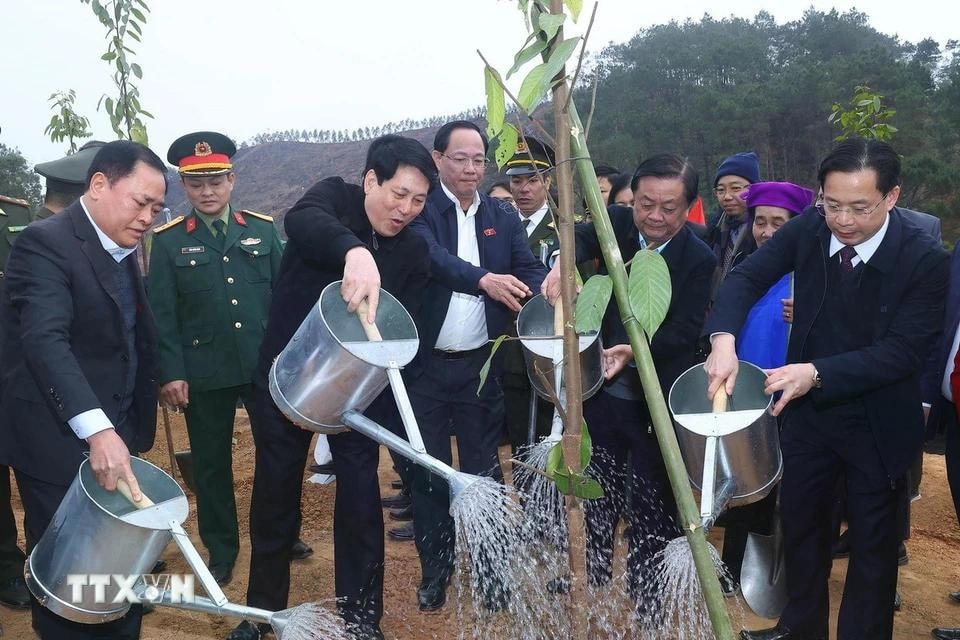Chủ tịch nước Lương Cường và các đại biểu trồng cây tại huyện Chi Lăng, tỉnh Lạng Sơn. Ảnh: Lâm Khánh/TTXVN