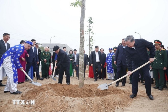 Tổng Bí thư Tô Lâm cùng các đại biểu trồng cây tại thị xã Mỹ Hào. Ảnh: Thống Nhất/TTXVN