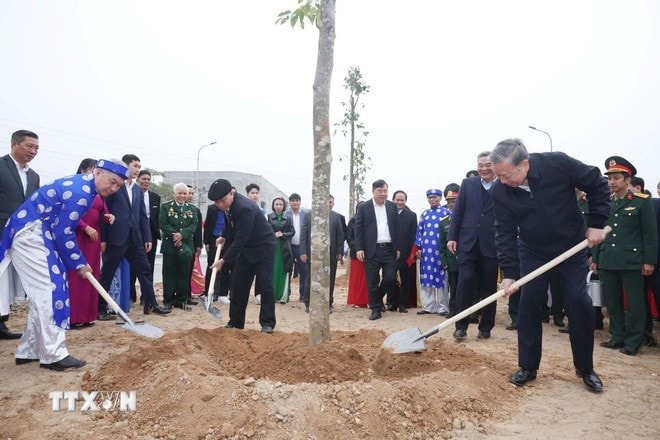 Tổng Bí thư Tô Lâm cùng các đại biểu trồng cây tại thị xã Mỹ Hào. Ảnh: Thống Nhất/TTXVN