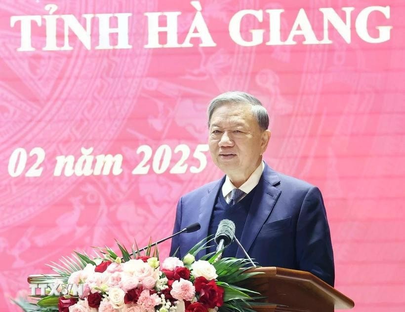 Tổng Bí thư Tô Lâm phát biểu tại buổi làm việc với Ban Chấp hành Đảng bộ tỉnh Hà Giang. Ảnh: Thống Nhất/TTXVN