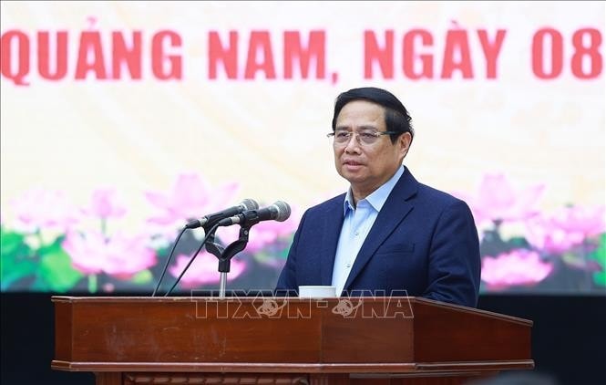 Thủ tướng Phạm Minh Chính phát biểu tại buổi làm việc với Ban Thường vụ Tỉnh ủy Quảng Nam. Ảnh: Dương Giang/TTXVN