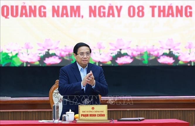 Thủ tướng Phạm Minh Chính chủ trì làm việc với Ban Thường vụ Tỉnh ủy Quảng Nam về tình hình phát triển kinh tế - xã hội. Ảnh: Dương Giang/TTXVN