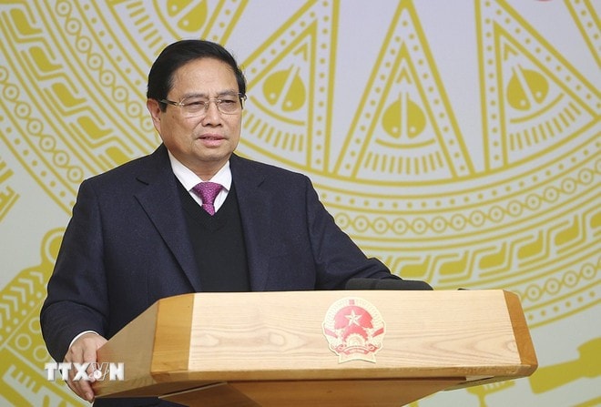 Thủ tướng Phạm Minh Chính phát biểu tại Hội nghị phát triển khoa học, công nghệ, đổi mới sáng tạo và nhân lực chất lượng cao. Ảnh: Dương Giang/TTXVN