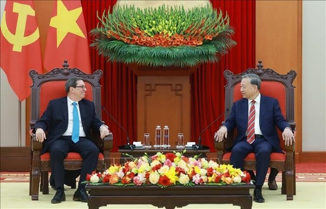 Tổng Bí thư Tô Lâm tiếp Bộ trưởng Ngoại giao Cuba Bruno Rodríguez Parrilla. Ảnh: Thống Nhất/ TTXVN