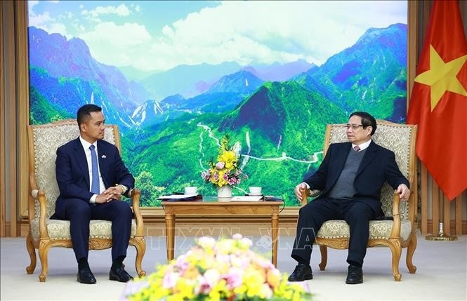 Thủ tướng Phạm Minh Chính tiếp Phó Thủ tướng, Bộ trưởng Bộ Nội vụ Vương quốc Campuchia Sar Sokha. Ảnh: Dương Giang/TTXVN