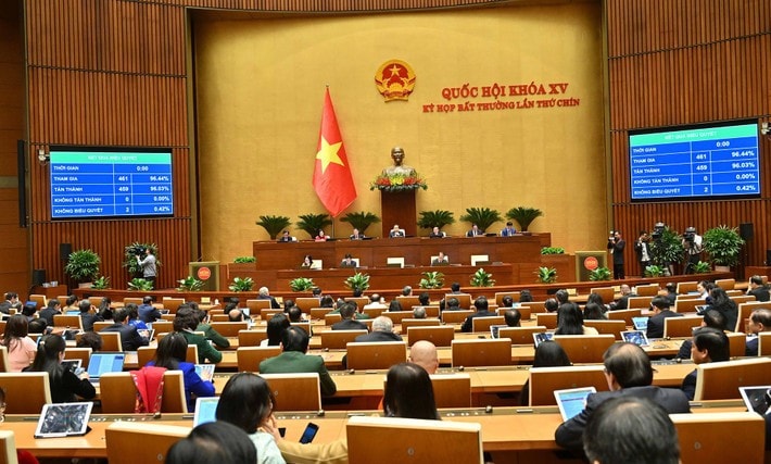 Quốc hội biểu quyết thông qua Luật Ban hành văn bản quy phạm pháp luật (sửa đổi) với tỷ lệ ĐBQH có mặt tán thành rất cao, đạt 99,56%. .Ảnh: Hồ Long