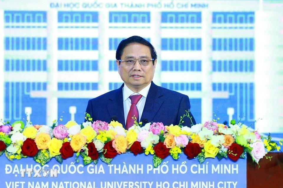 Thủ tướng Phạm Minh Chính phát biểu tại Lễ kỷ niệm 30 năm thành lập Đại học Quốc gia Thành phố Hồ Chí Minh. Ảnh: Dương Giang/TTXVN