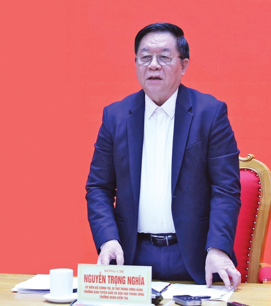 Ủy viên Bộ Chính trị, Bí thư Trung ương Đảng, Trưởng Ban Tuyên giáo và Dân vận Trung ương Nguyễn Trọng Nghĩa, Trưởng Đoàn kiểm tra số 1917 của Bộ Chính trị, Ban Bí thư phát biểu