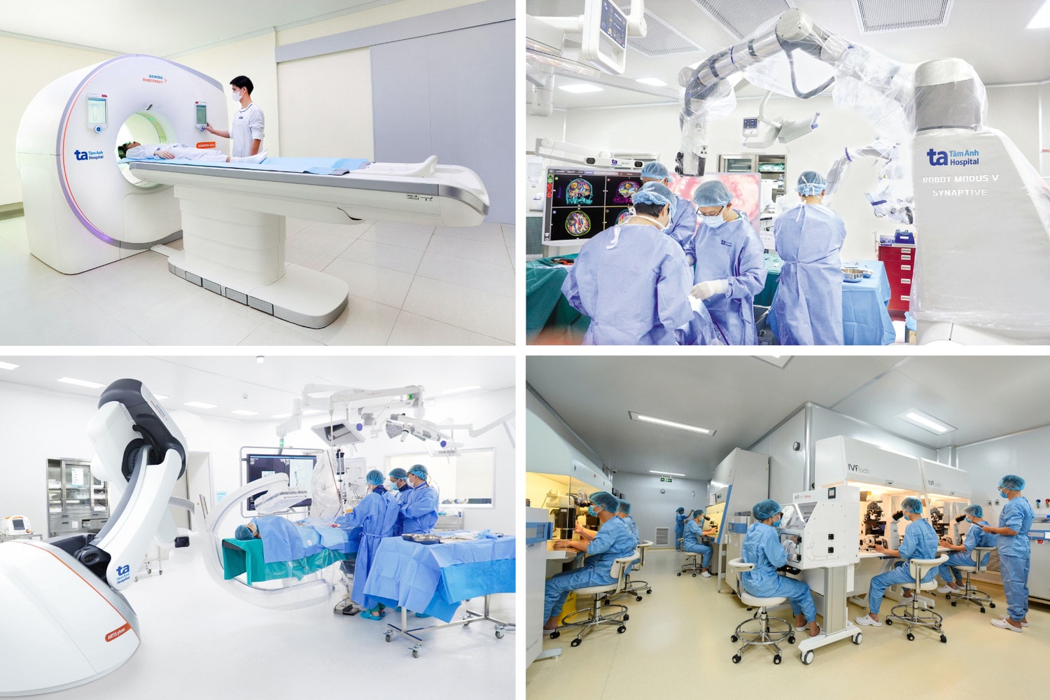 Hệ thống Bệnh viện Đa khoa Tâm Anh sở hữu thiết bị tân tiến bậc nhất thế giới. Trong ảnh: Siêu máy chụp CT Somatom Force VB30, Robot Modus V Synaptive tích hợp AI, Robot Artis Pheno và Phòng sạch chuẩn IOS 5 duy nhất tại Việt Nam