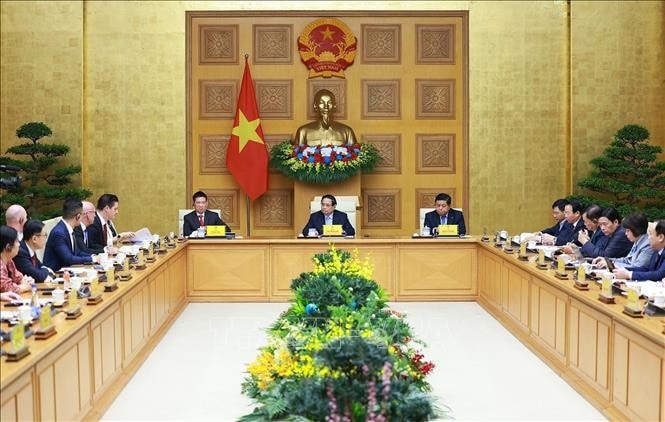 Thủ tướng Phạm Minh Chính và Phó Thủ tướng Hồ Đức Phớc, Phó Thủ tướng Nguyễn Chí Dũng chủ trì Toạ đàm với các doanh nghiệp Hoa Kỳ. Ảnh: Dương Giang/TTXVN