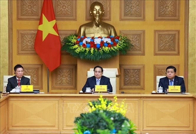 Thủ tướng Phạm Minh Chính và Phó Thủ tướng Hồ Đức Phớc, Phó Thủ tướng Nguyễn Chí Dũng chủ trì Tọa đàm với các doanh nghiệp Hoa Kỳ. Ảnh: Dương Giang/TTXVN