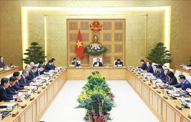 Thủ tướng Phạm Minh Chính và Phó Thủ tướng Hồ Đức Phớc, Phó Thủ tướng Nguyễn Chí Dũng chủ trì Tọa đàm với các doanh nghiệp Nhật Bản. Ảnh: Dương Giang/TTXVN