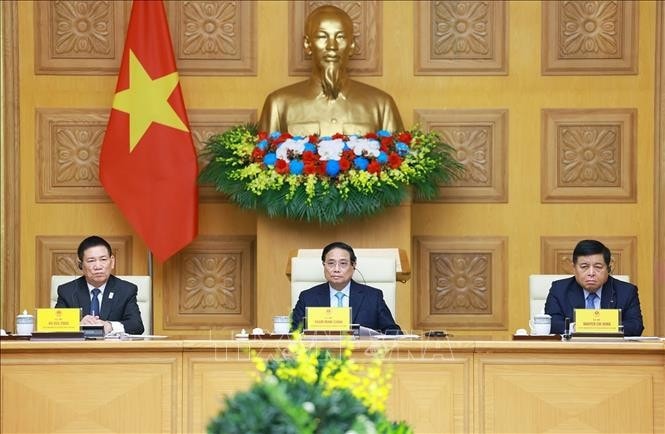 Thủ tướng Phạm Minh Chính và Phó Thủ tướng Hồ Đức Phớc, Phó Thủ tướng Nguyễn Chí Dũng chủ trì Tọa đàm với các doanh nghiệp Nhật Bản. Ảnh: Dương Giang/TTXVN