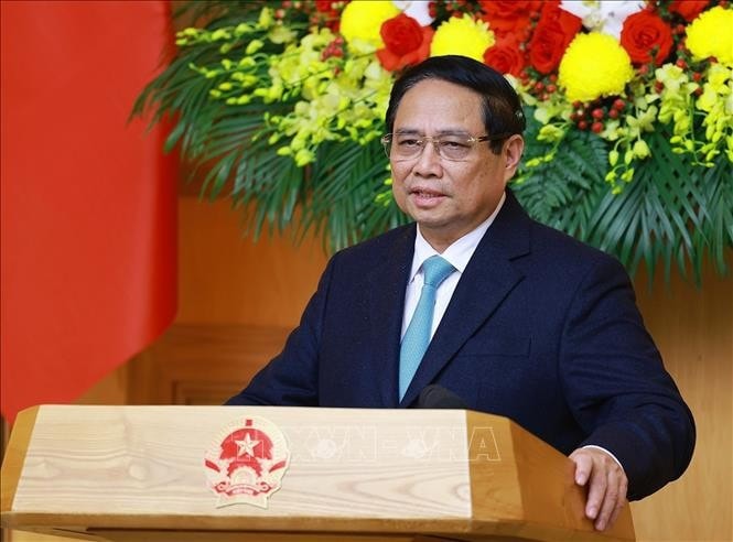Thủ tướng Phạm Minh Chính phát biểu tại buổi tọa đàm với các doanh nghiệp châu Âu. Ảnh: Dương Giang/TTXVN