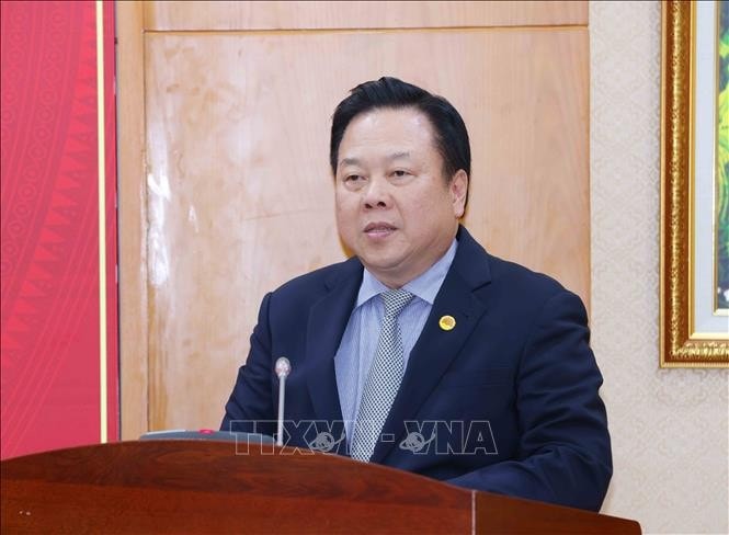 Uỷ viên Trung ương Đảng, Phó Trưởng Ban Chính sách, chiến lược Trung ương Nguyễn Hoàng Anh phát biểu nhận nhiệm vụ. Ảnh: Phương Hoa/TTXVN