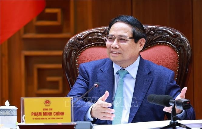 Thủ tướng Phạm Minh Chính, Bí thư Đảng ủy Chính phủ chủ trì họp Đảng bộ Chính phủ về sắp xếp địa giới hành chính. Ảnh: Dương Giang/TTXVN