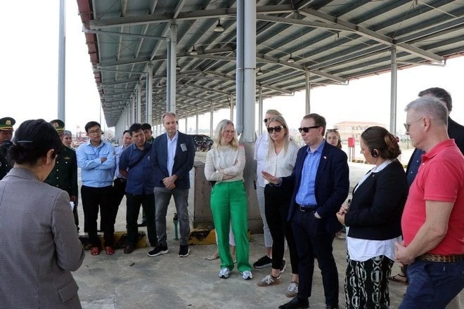 Chairman of the Danish Parliament's Foreign Policy Committee, Michael Aastrup Jensen (third from right), discusses efforts to combat IUU fishing at Thuan An Fishing Port in Hue city. (Photo: VNA) giam-sat-tau-ca-doan-dan-mach1.jpg