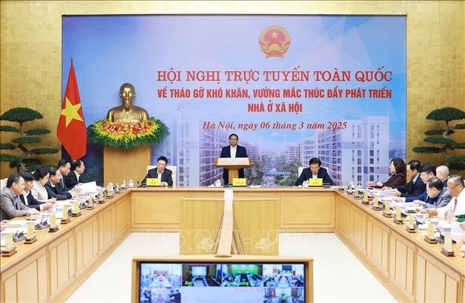 Thủ tướng Phạm Minh Chính chủ trì hội nghị thúc đẩy phát triển nhà ở xã hội. Ảnh: Dương Giang/TTXVN