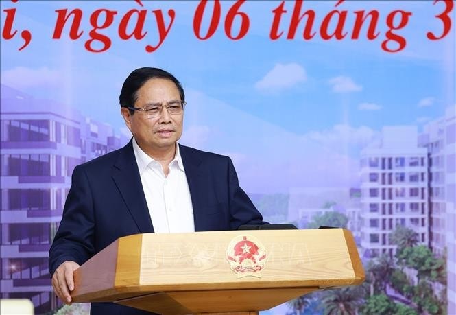 Thủ tướng Phạm Minh Chính chủ trì hội nghị thúc đẩy phát triển nhà ở xã hội. Ảnh: Dương Giang/TTXVN
