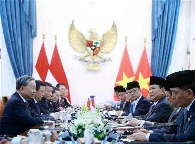 General Secretary of the Communist Party of Vietnam (CPV) Central Committee To Lam holds talks with Indonesian President Prabowo Subianto in Jakarta on March 10. (Photo: VNA) img-8058.jpg