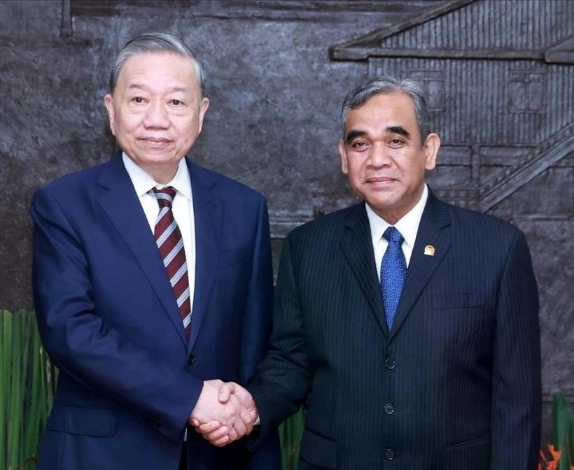 Tổng Bí thư Tô Lâm hội kiến Chủ tịch Hội đồng Hiệp thương Nhân dân Indonesia Ahmad Muzani. Ảnh: Thống Nhất/TTXVN