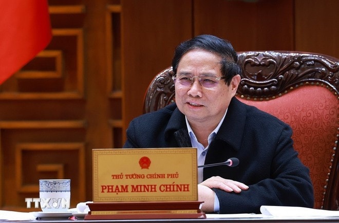 Thủ tướng Phạm Minh Chính chủ trì cuộc họp của Ban Thường vụ Đảng ủy Chính phủ về đề án sắp xếp các đơn vị hành chính. Ảnh: Dương Giang/TTXVN