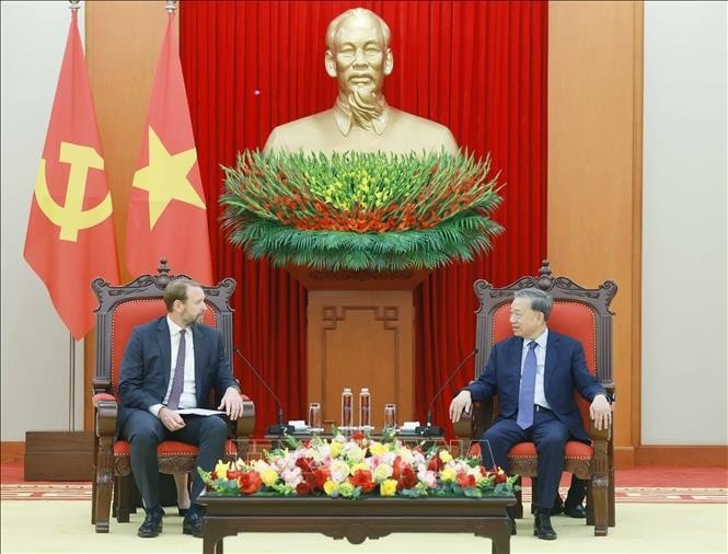Tổng Bí thư Tô Lâm tiếp ông Nate Franklin, nhà sáng lập và Chủ tịch Tập đoàn Pacifico Energy. Ảnh: Thống Nhất/TTXVN