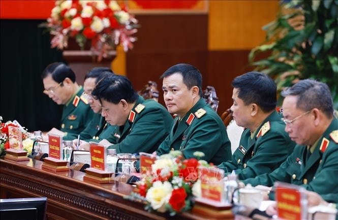 Lãnh đạo Bộ Quốc phòng và Tập đoàn Công nghiệp - Viễn thông Quân đội (Viettel) tham dự buổi làm việc. Ảnh: Dương Giang/TTXVN