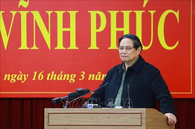 Thủ tướng Phạm Minh Chính kết luận buổi làm việc với Ban Thường vụ Tỉnh uỷ Vĩnh Phúc về tình hình phát triển kinh tế - xã hội. Ảnh: Dương Giang/TTXVN
