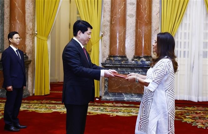 Chủ tịch nước Lương Cường nhận Quốc thư từ Đại sứ Cộng hoà Panama Nubiela Yanarith Ayala Modes. Ảnh: Lâm Khánh/ TTXVN