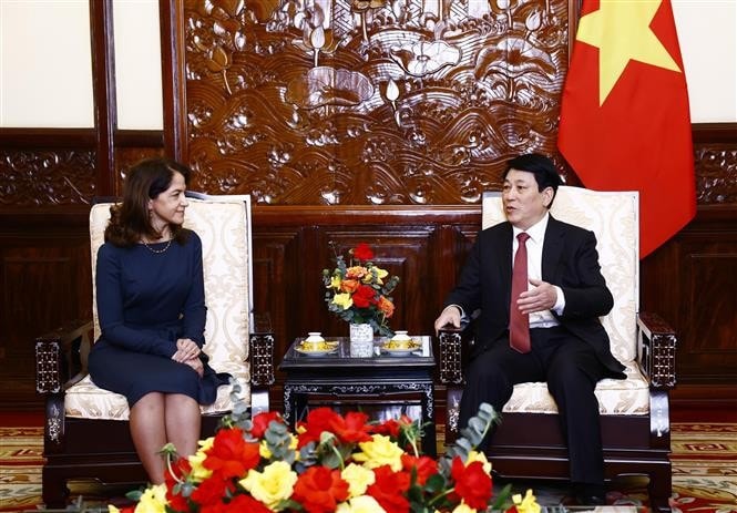 Chủ tịch nước Lương Cường tiếp Đại sứ Cộng hoà Colombia Camila María Polo Flórez đến trình Quốc thư. Ảnh: Lâm Khánh/TTXVN