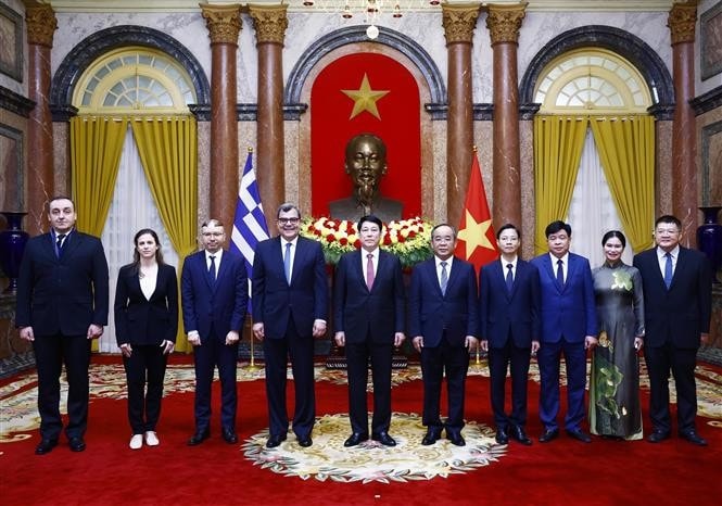 Chủ tịch nước Lương Cường và Đại sứ Hy Lạp Antonios Papakostas cùng các đại biểu tại Lễ trình Quốc thư. Ảnh: Lâm Khánh/TTXVN