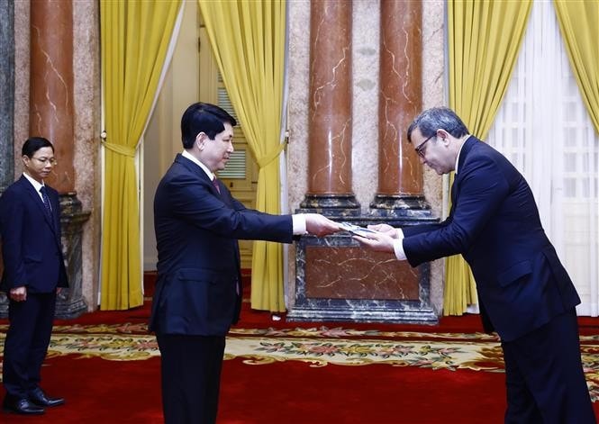 Chủ tịch nước Lương Cường nhận Quốc thư từ Đại sứ Hy Lạp Antonios Papakostas. Ảnh: Lâm Khánh/TTXVN