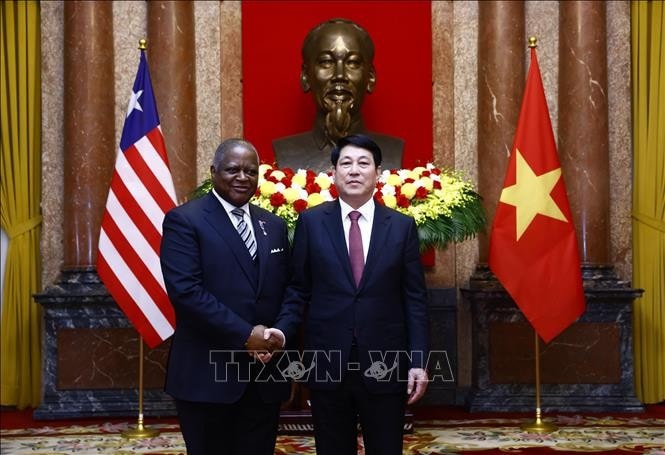 Chủ tịch nước Lương Cường với Đại sứ Cộng hoà Liberia Dudley McKinley Thomas. Ảnh: Lâm Khánh/TTXVN