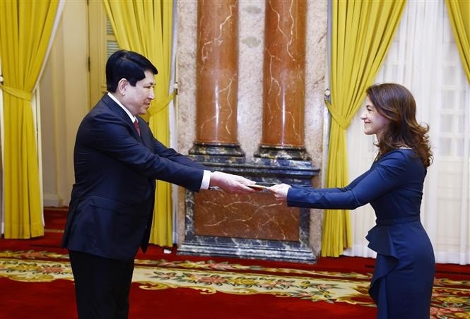 Chủ tịch nước Lương Cường nhận Quốc thư từ Đại sứ Cộng hoà Colombia Camila María Polo Flórez. Ảnh: Lâm Khánh/TTXVN