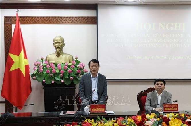 Bộ trưởng Bộ Công an, Đại tướng Lương Tam Quang, Trưởng đoàn Kiểm tra số 1921 phát biểu tại buổi làm việc.