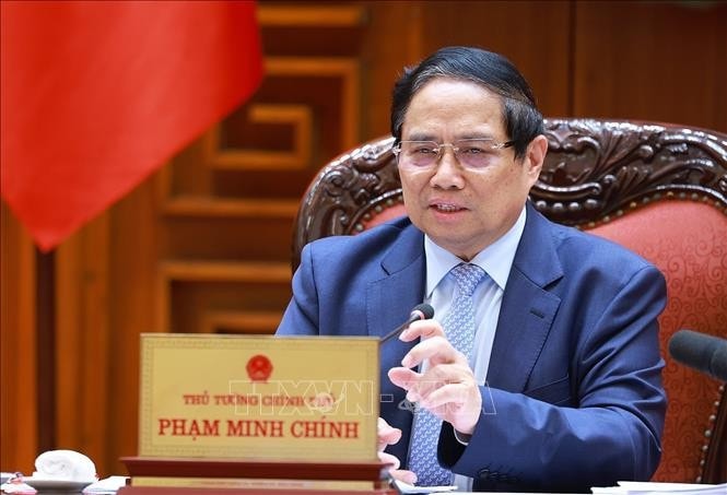 Thủ tướng Phạm Minh Chính chủ trì cuộc họp trực tuyến với địa phương về đẩy nhanh tiến độ Dự án cao tốc Châu Đốc-Cần Thơ-Sóc Trăng. Ảnh: Dương Giang/TTXVN